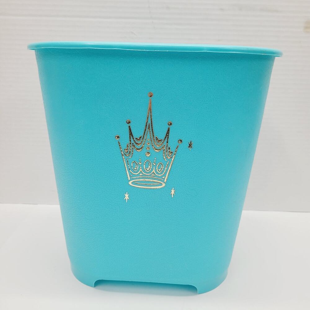 VTG 60s Aqua Blue MCM Trash Can Plastic ~ Crown Burst Bathroom Wastebasket